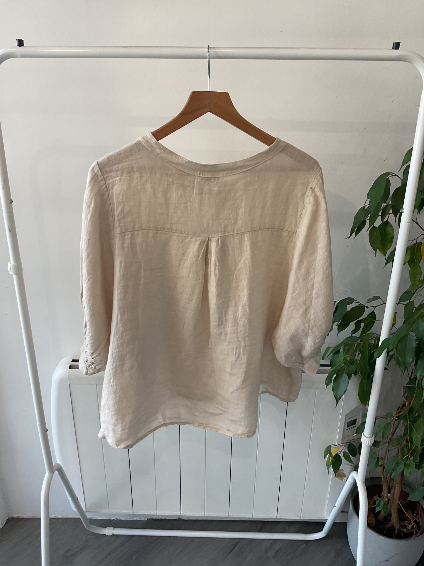 Linen Button Half Sleeve Top - Natural