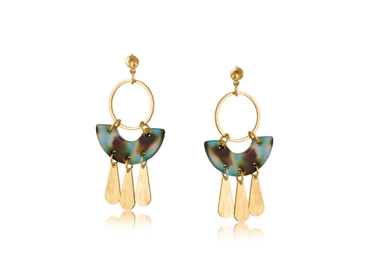 Sophia Statement Geo Metal and Resin Dangle Earrings: BLUE/YELLOW/BROWN