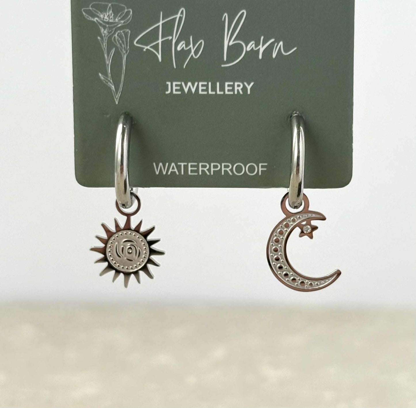 Tarnish Resistant Sun and Moon Huggie Earrings: Silver