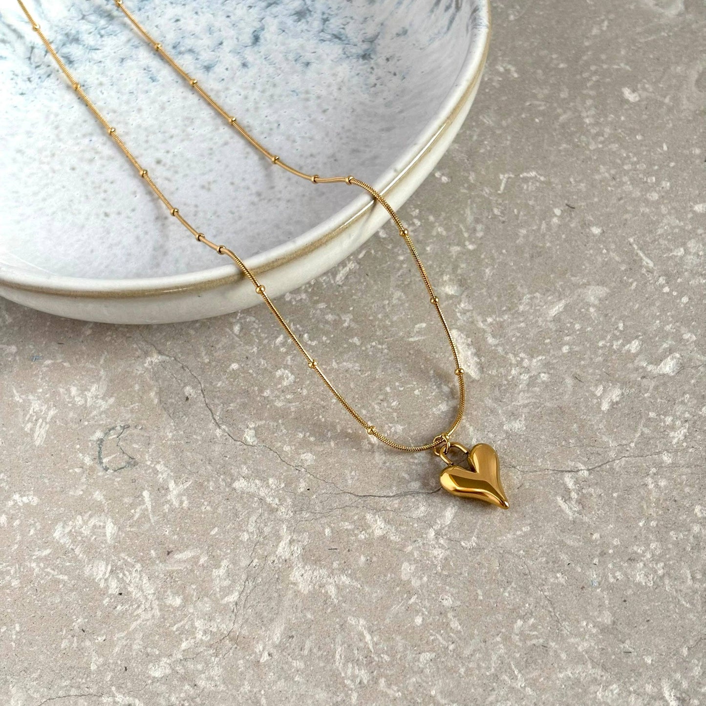 Tarnish Resistant Puffed Heart Drop Necklace: Gold