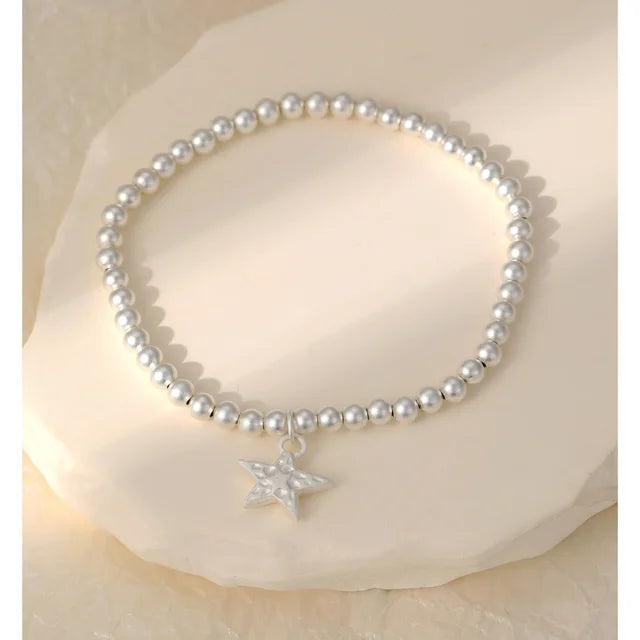 Elasticated Star Charm Bracelet - Matte Silver