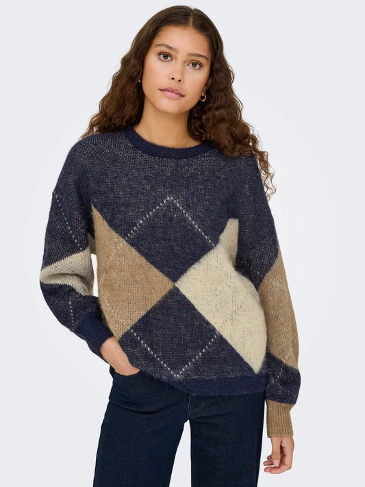 NOEME LIFE LS JQ O-NECK KNIT - Night Sky/ Cocoa Creme