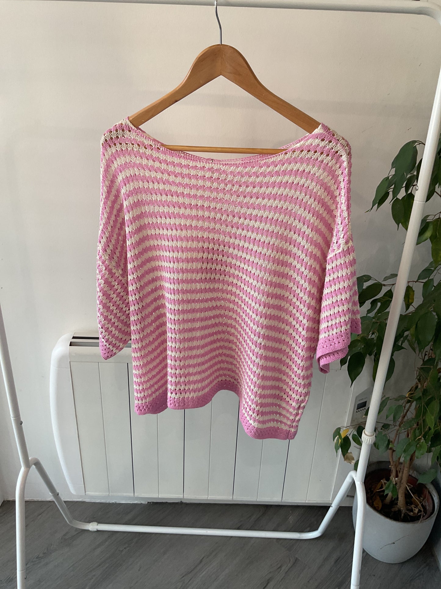 Oversized Crochet Stripe Top - Pink/ White