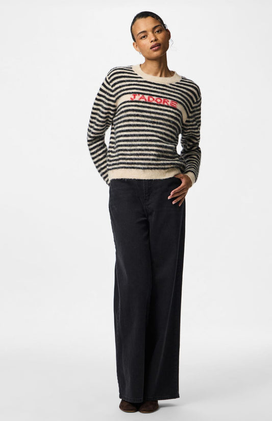 JADA LS O- NECK KNIT - Birch/Black