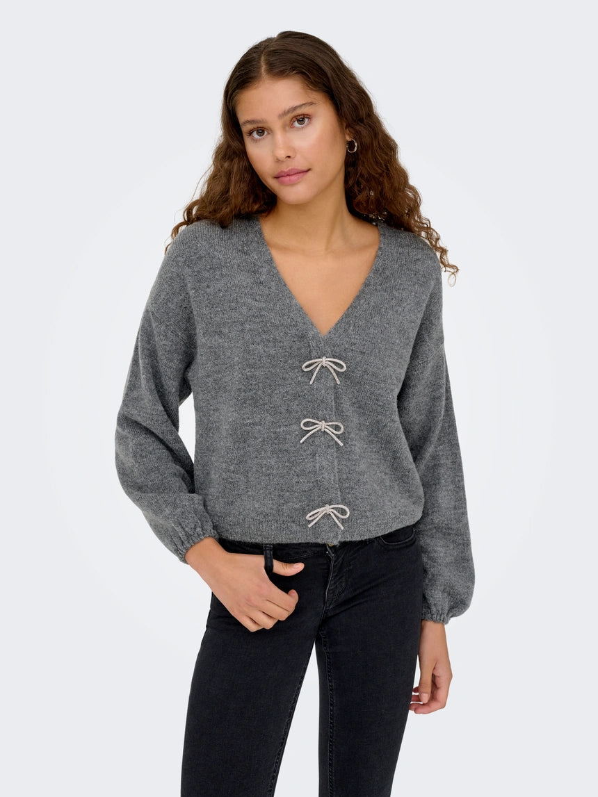 DONNA LS BOW V-NECK - Medium Grey Melange