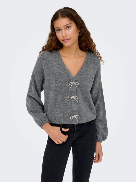 DONNA LS BOW V-NECK - Medium Grey Melange