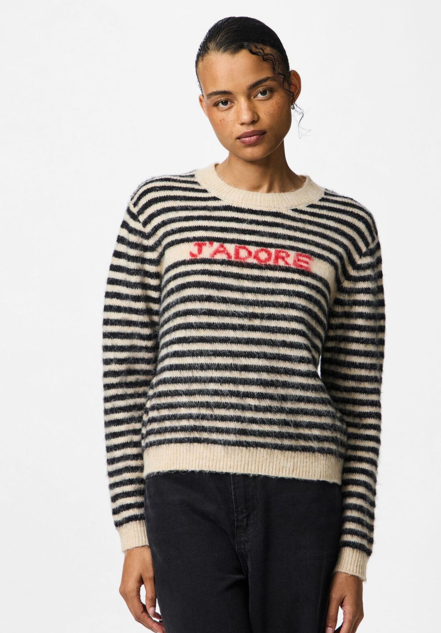 JADA LS O- NECK KNIT - Birch/Black