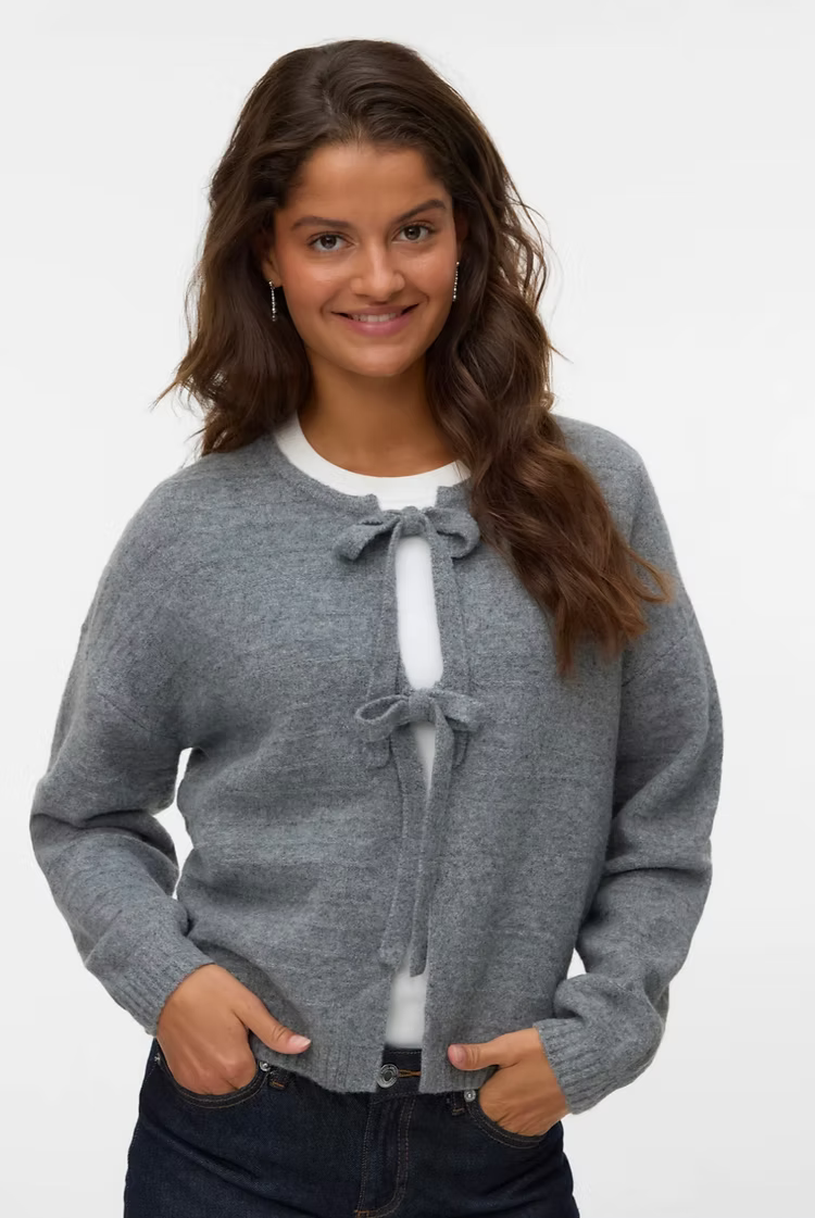 BOOM STRUCTURE LS O-NECK TIE CARDIGAN - Medium Grey Melange