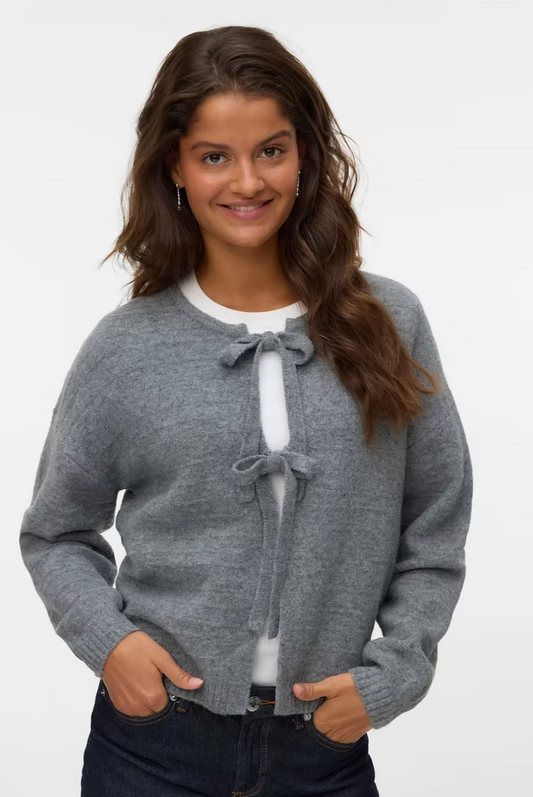 BOOM STRUCTURE LS O-NECK TIE CARDIGAN - Medium Grey Melange
