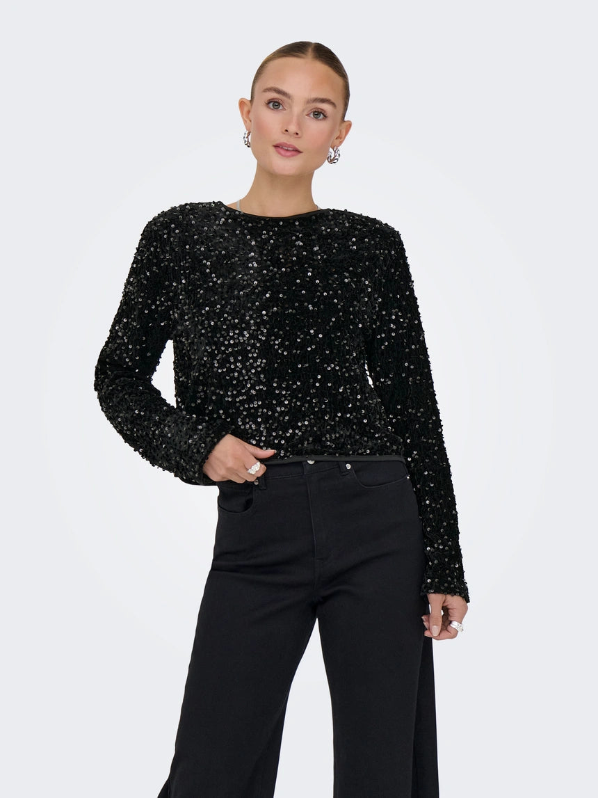 LANIKA SEQUINS LS BOW TOP - Black Sequins