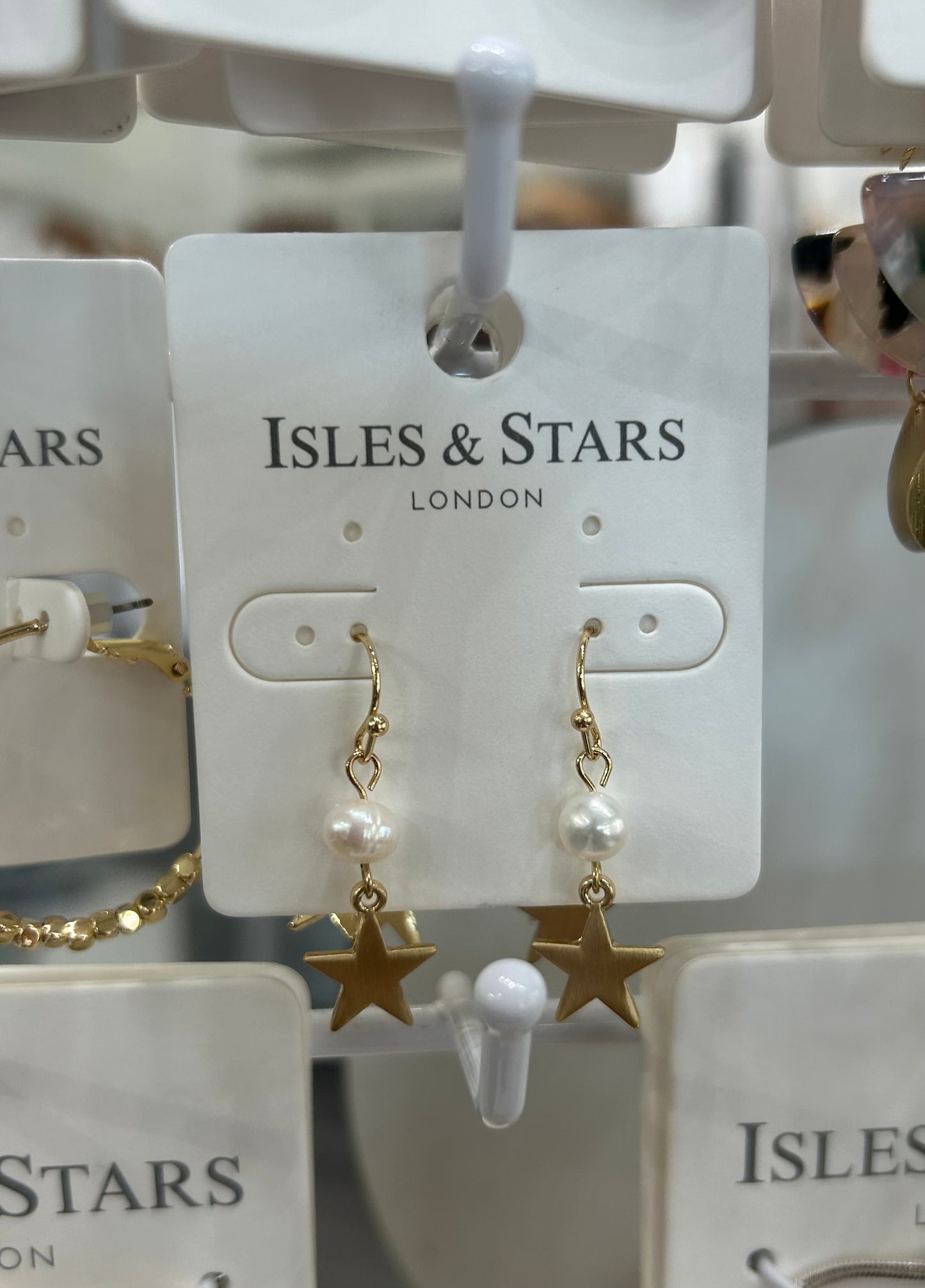 Star and Pearl Drop Down Earrings- Gold