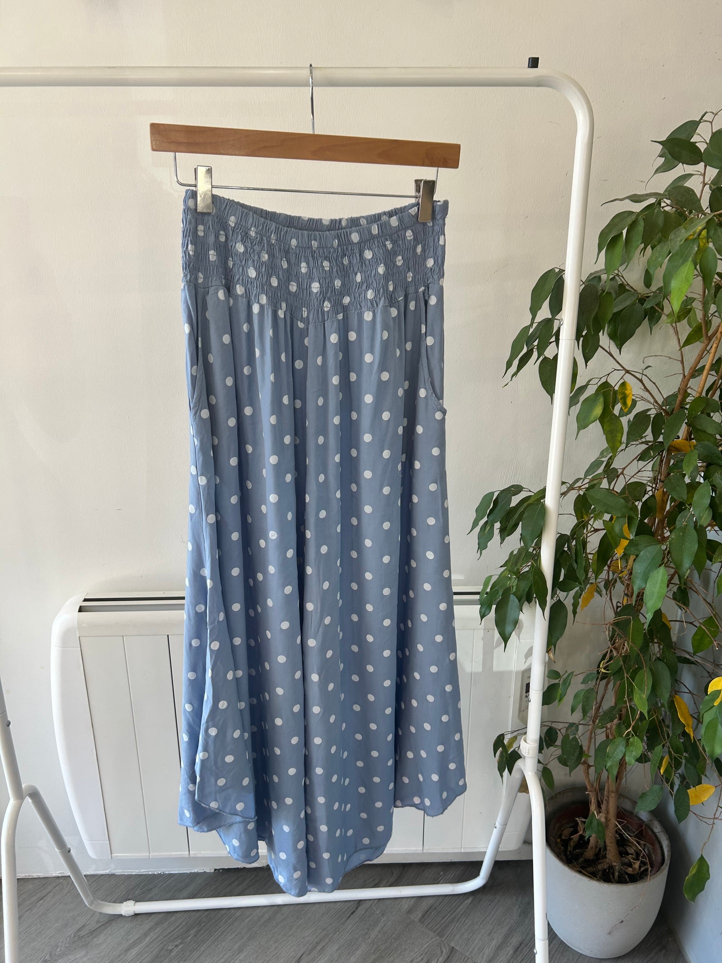 Polka Dot Shirred Waist Culottes - Blue