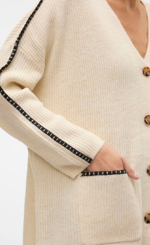 ZORA LS V-NECK OPEN CARDIGAN - Birch/Chocola