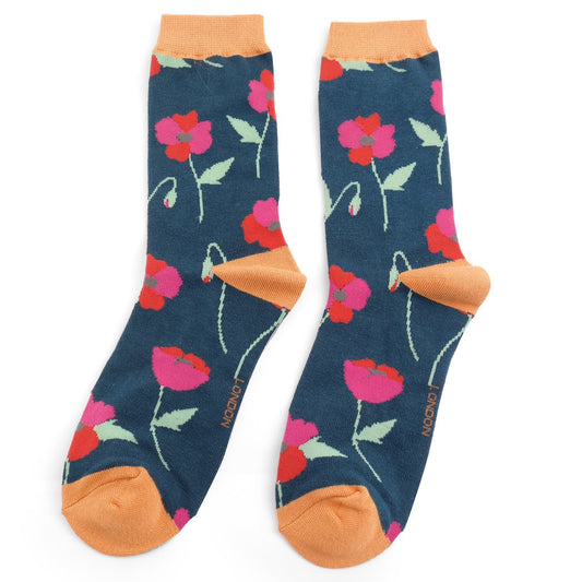 Bamboo Socks - Navy Poppy Flower