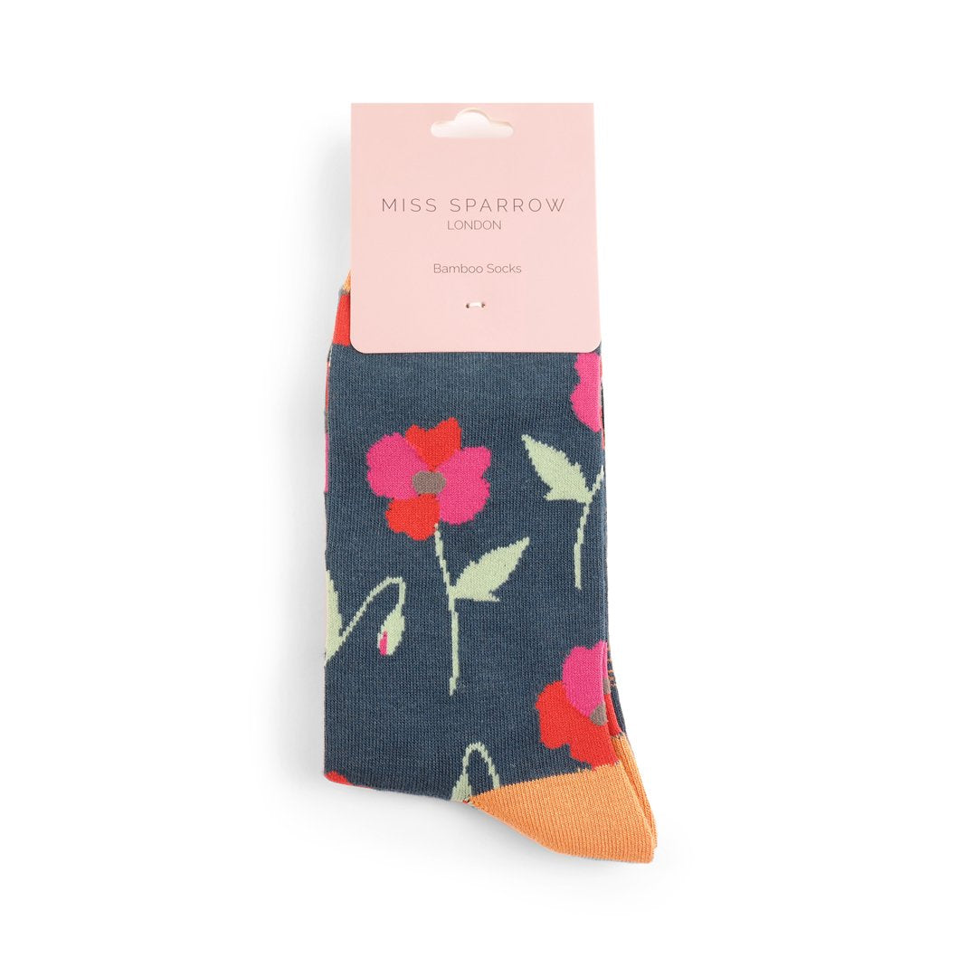Bamboo Socks - Navy Poppy Flower