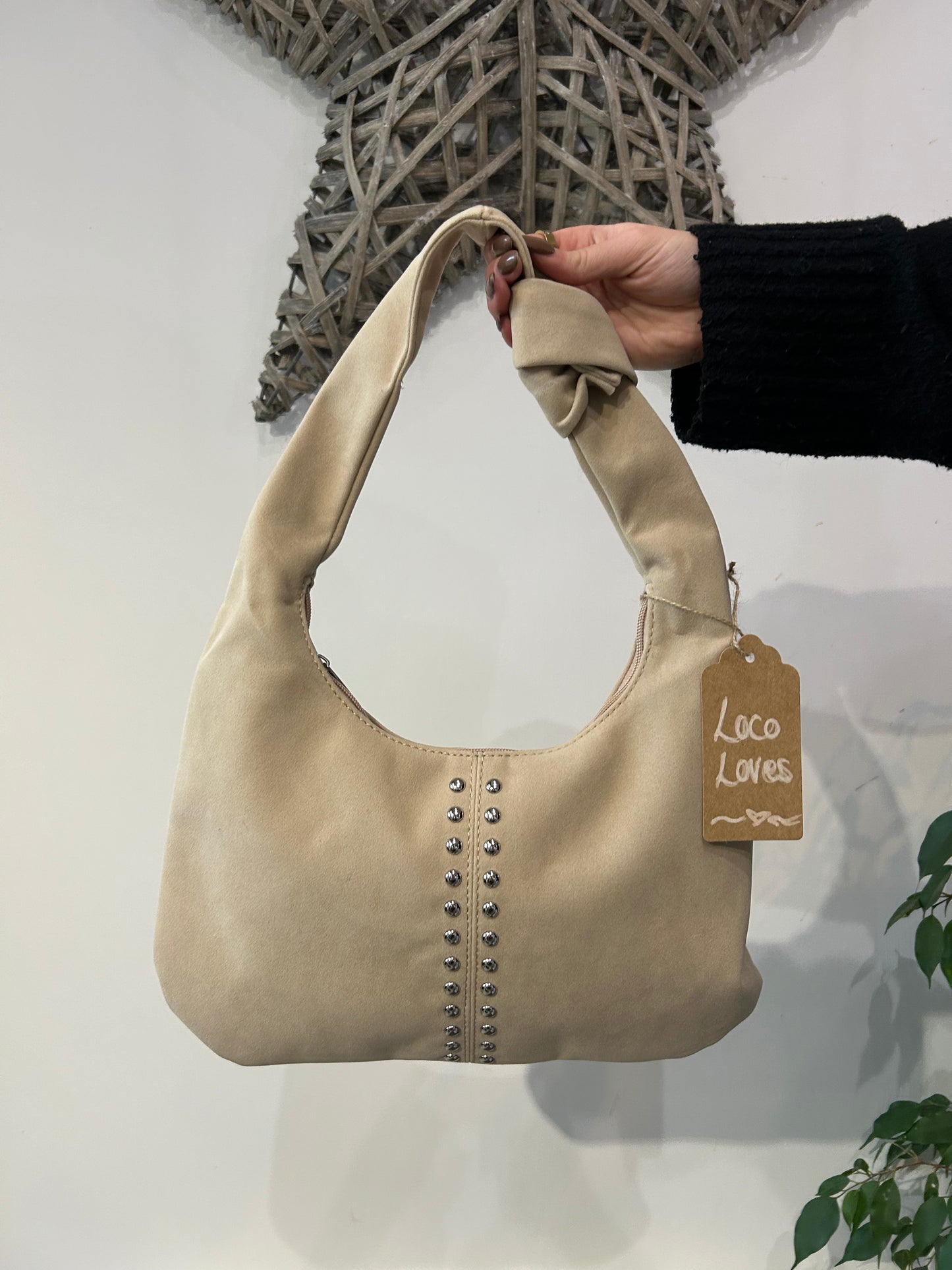 Beige Studded Suede Bag