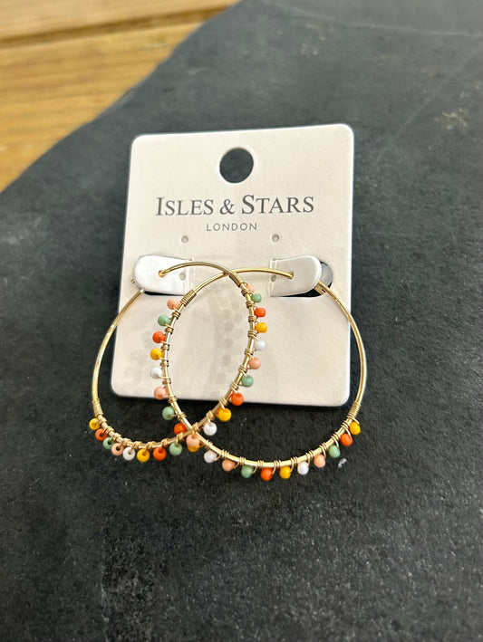 Beaded Hoop Earrings - Gold/ Multi Coloured