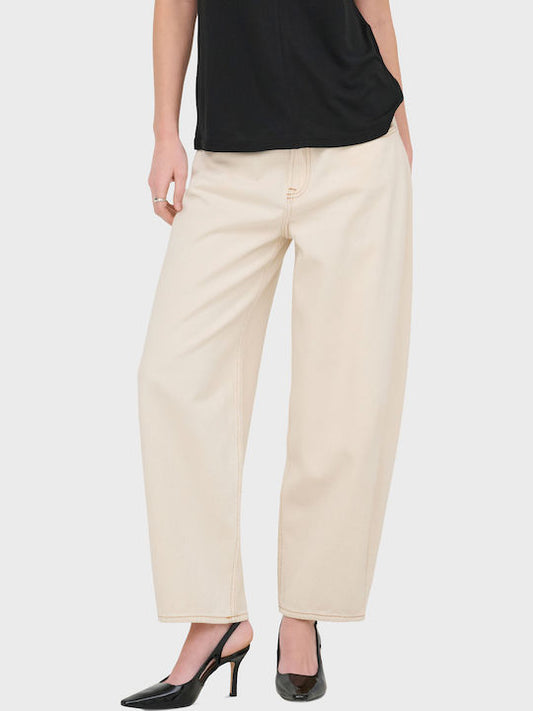 FRANKIE HW CROP BARREL JEANS - Ecru