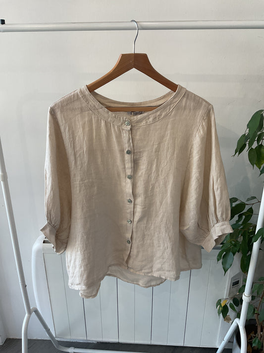 Linen Button Half Sleeve Top - Natural