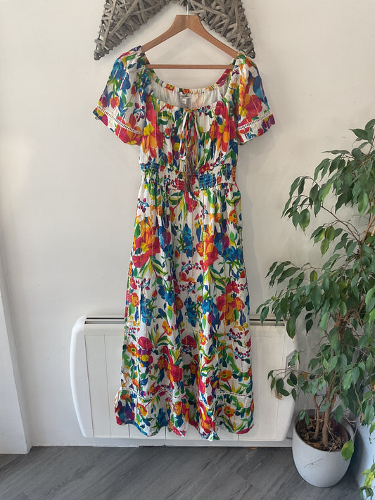 Floral Elastic Waist Long Dress - Multi