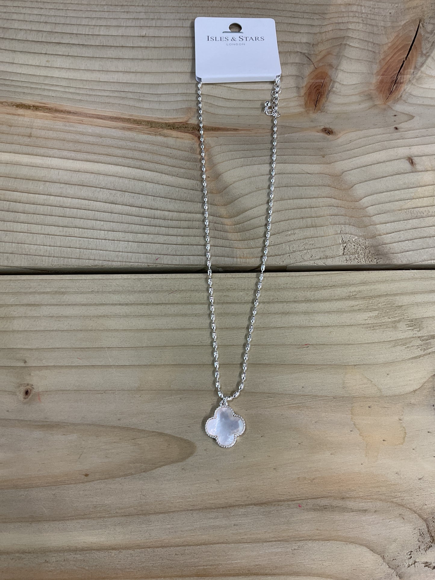 Four leaf iridescent silver necklace