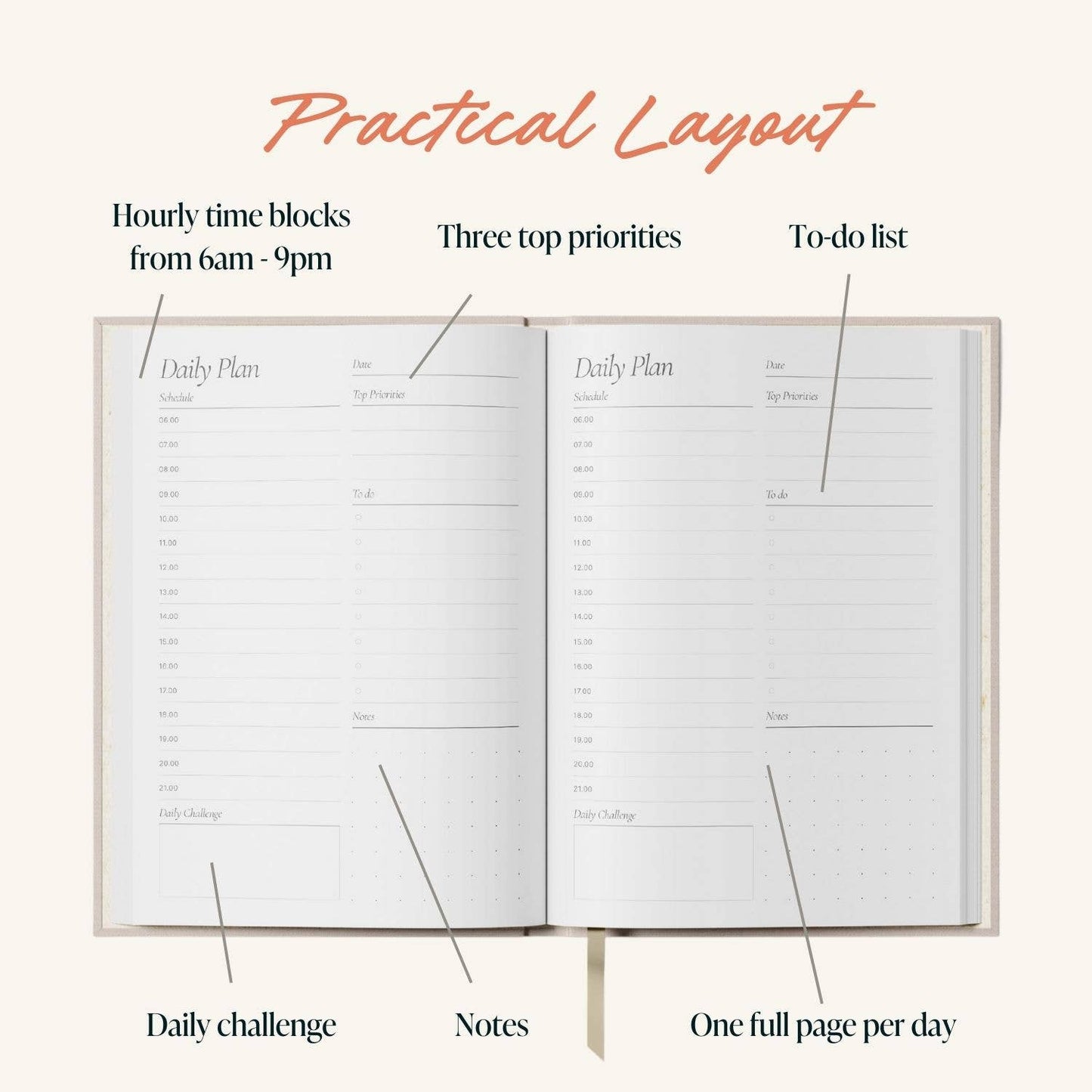 Undated Daily Planner Pink & Red | Page a Day | Hardcover