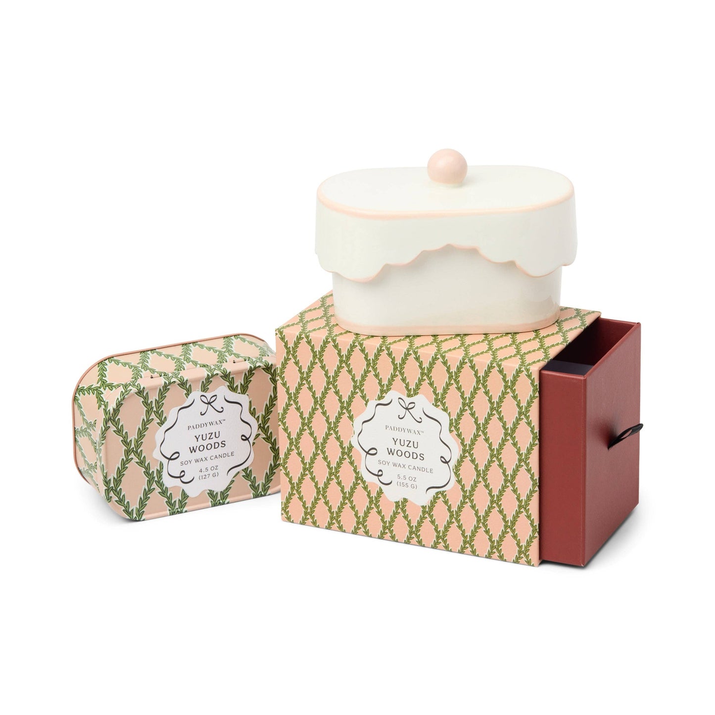 Cherie 4.5oz/127g Printed Tin Candle - Pink & Green - Yuzu Woods