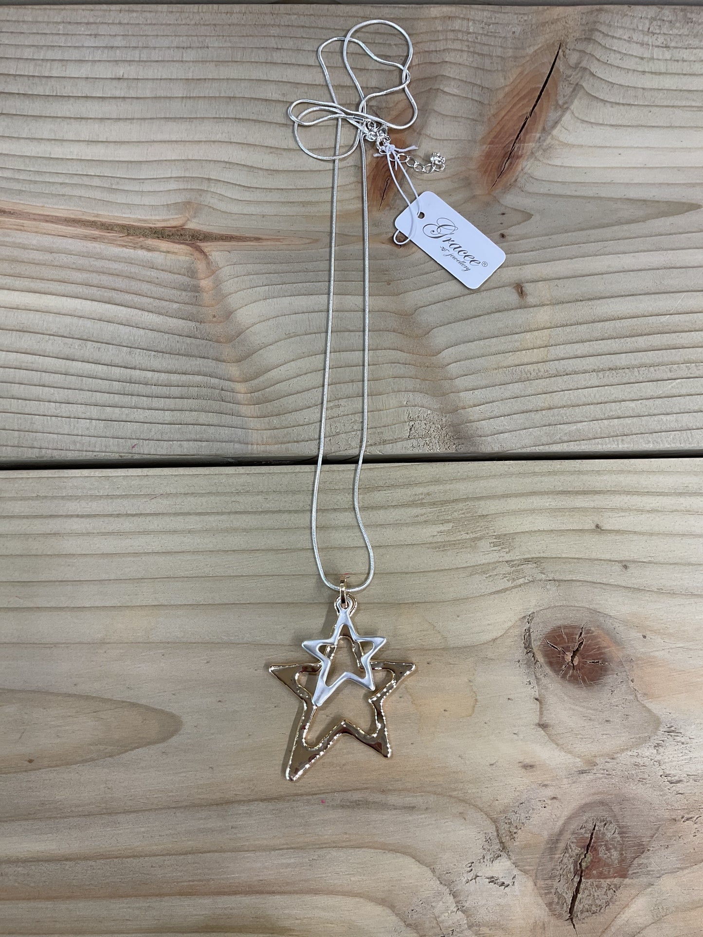 Double Star Long Necklace - Silver and Gold