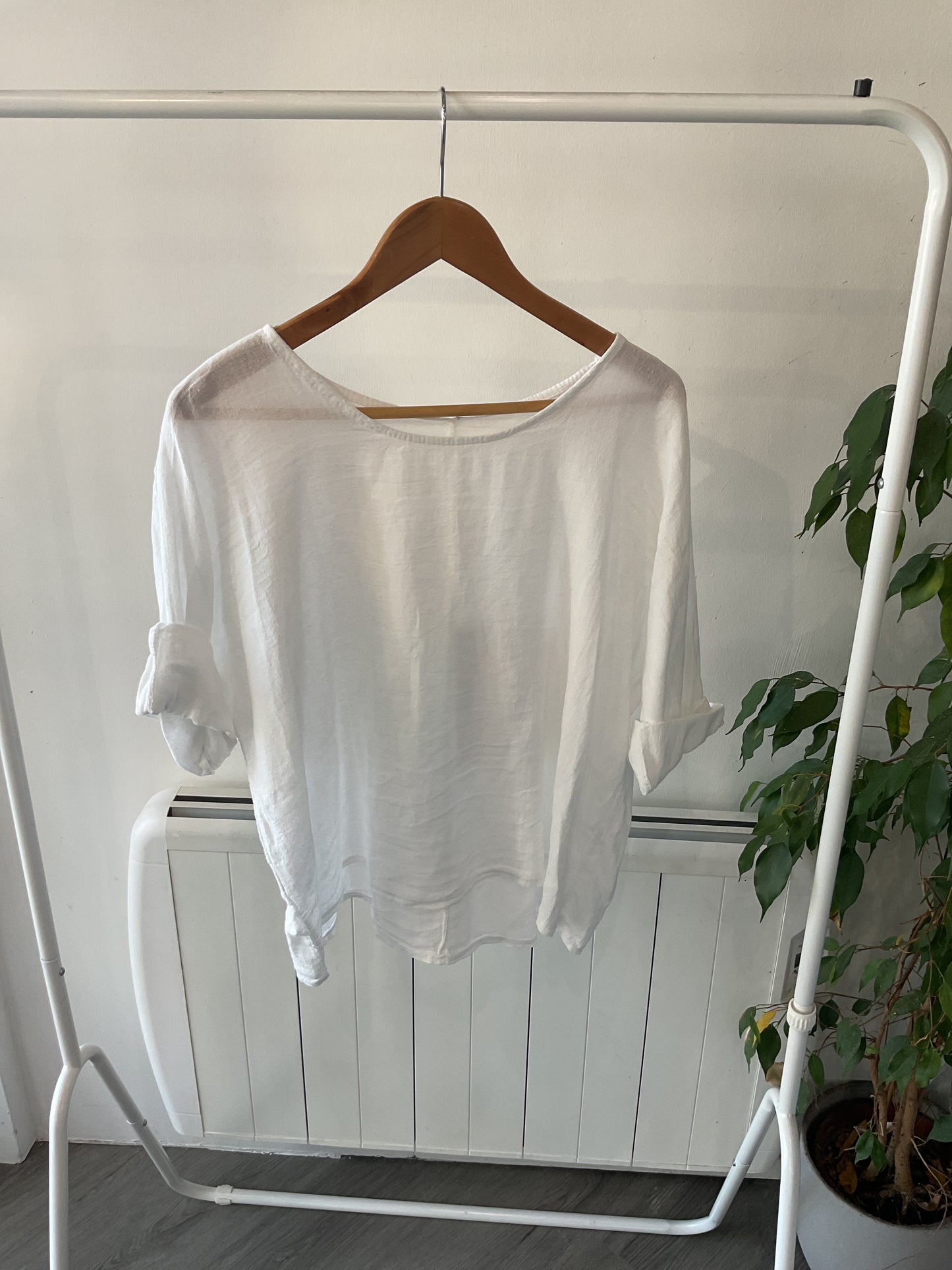 Linen Half Sleeve Top - White