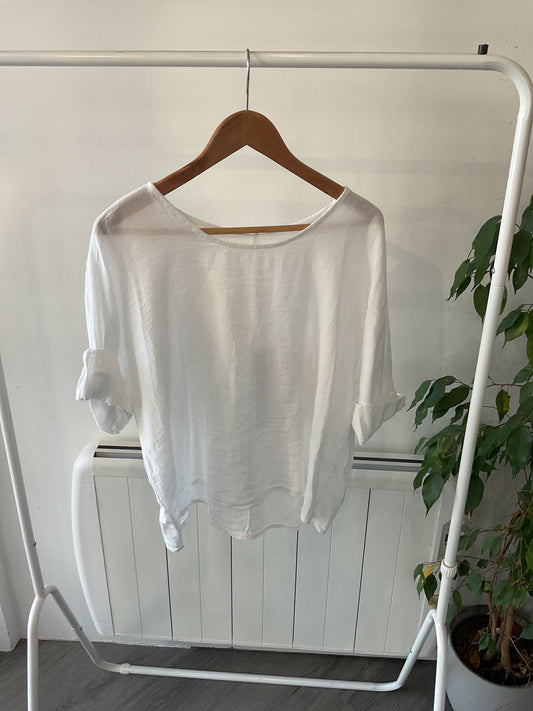 Linen Half Sleeve Top - White