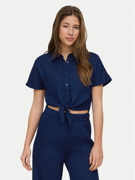 LEONI SEERSUCKER CAP KNOT SHIRT - Vintage Indigo