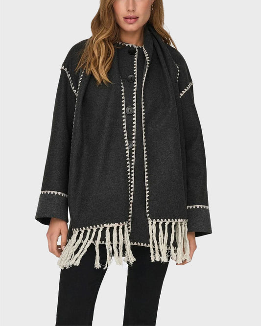 ELBA LIFE SCALLOP EDGE SCARF COAT - Dark Grey/ Melange
