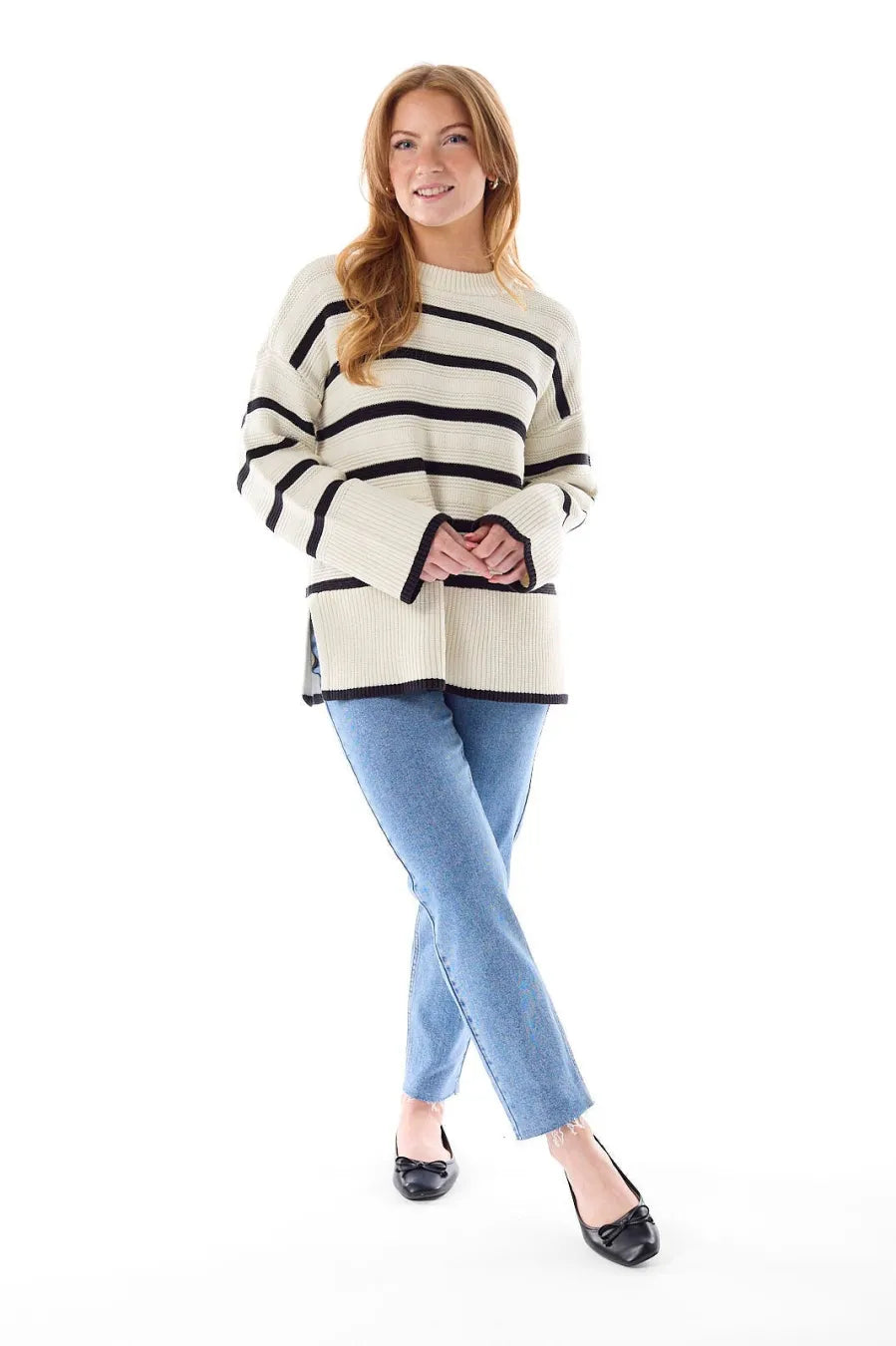 MANJA LS LOOSE STRIPE O-NECK KNT - Birch/Black