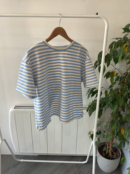 Stripe Back Detail T-Shirt - Blue/ Cream