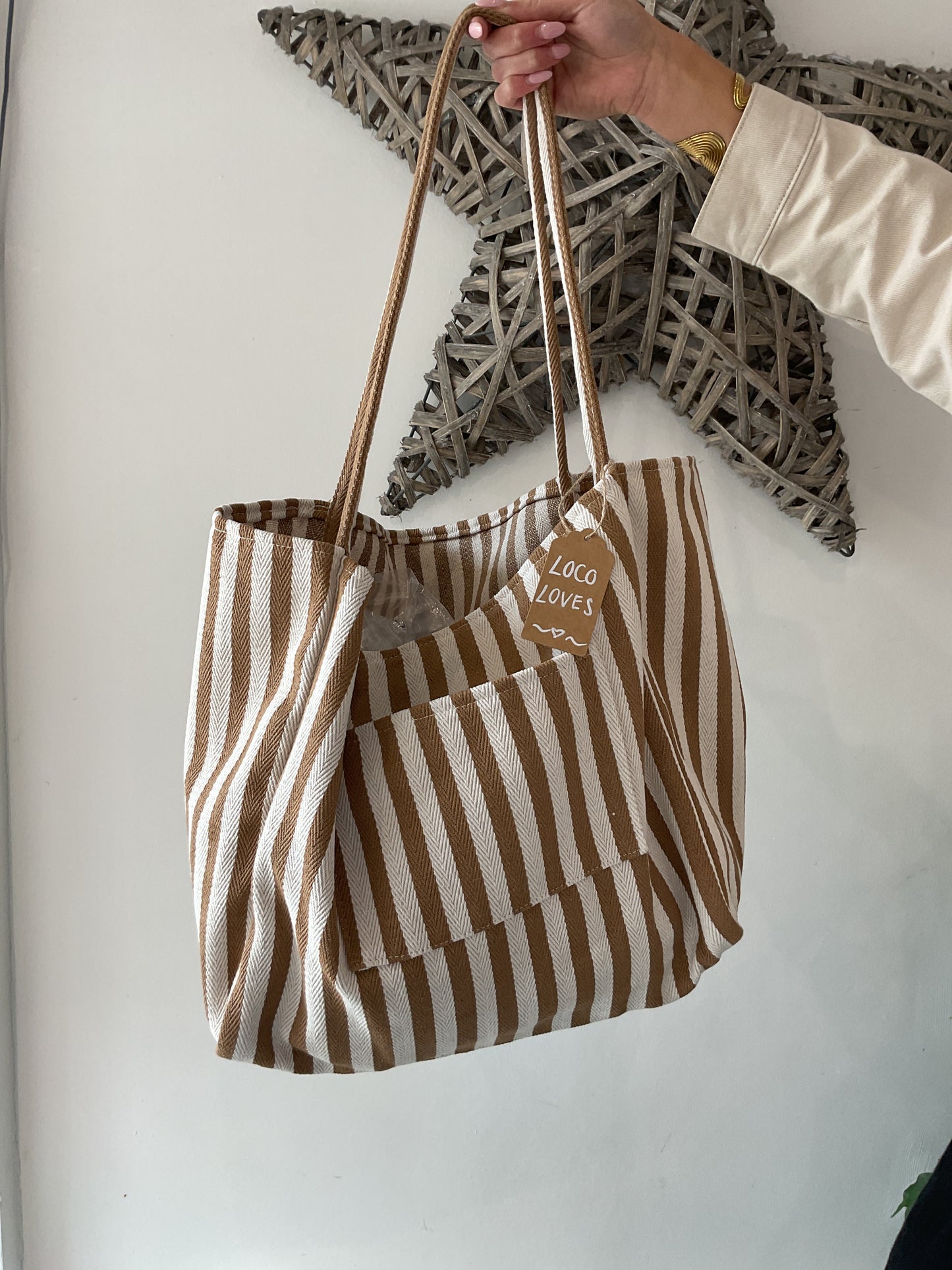 STRIPE TOTE BAG - Caramel / Cream