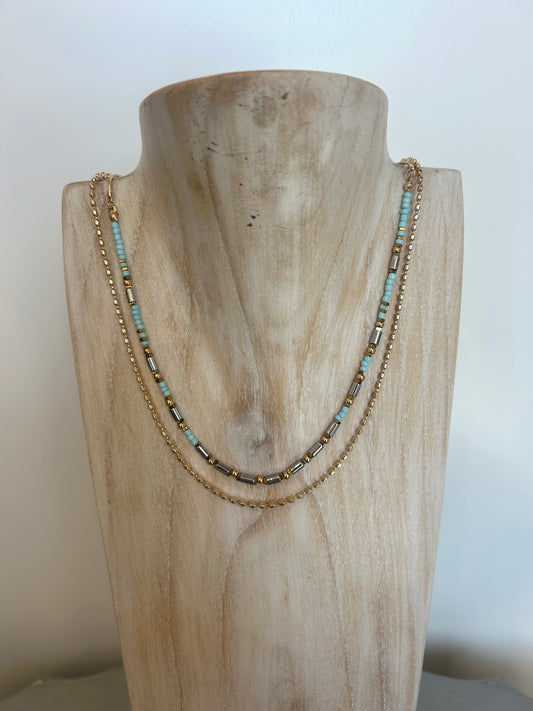 Layered Beaded Necklace- Gold/ Blue