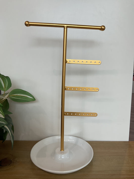 T.Bar Jewellery Stand With Dish - Gold & White