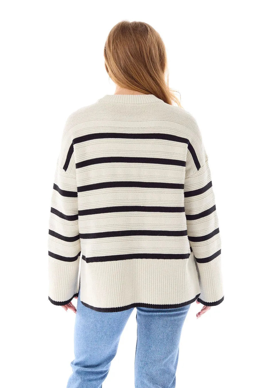 MANJA LS LOOSE STRIPE O-NECK KNT - Birch/Black