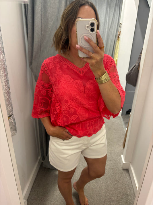 Butterfly Lace Top - Coral