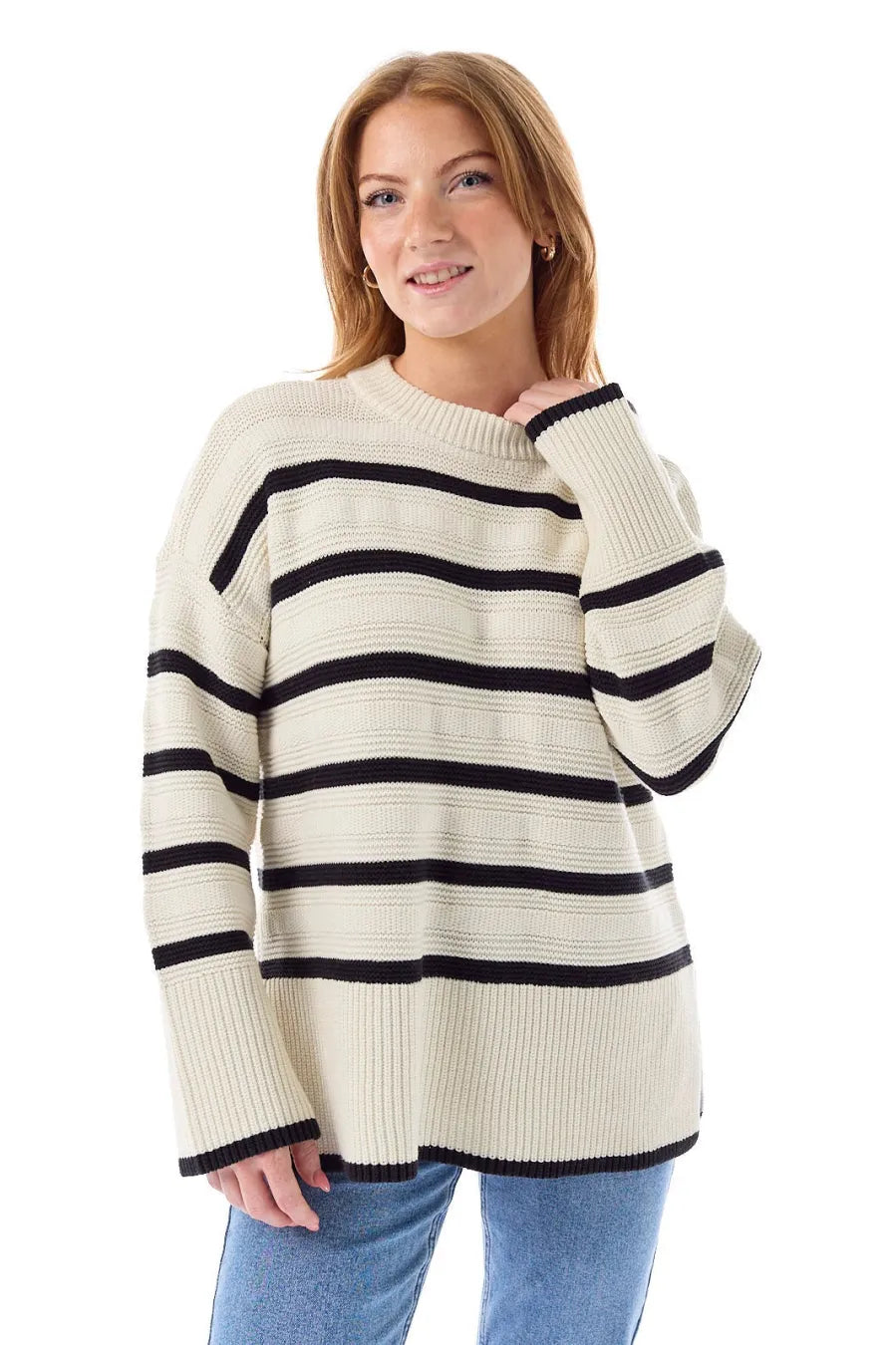 MANJA LS LOOSE STRIPE O-NECK KNT - Birch/Black