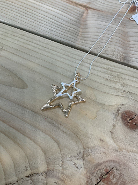 Double Star Long Necklace - Silver and Gold