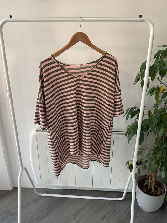 Stripe V-Neck Oversized Tee - Khaki/Pink