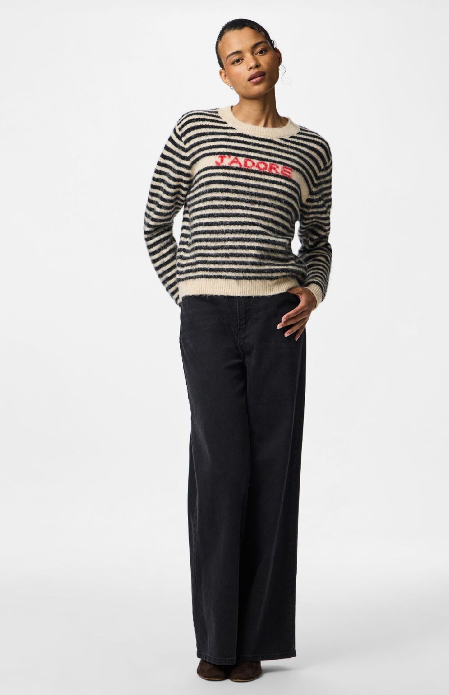 JADA LS O- NECK KNIT - Birch/Black