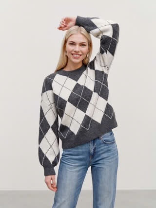 VMDOFFY KNITTED ARGYLE PULLOVER - greys