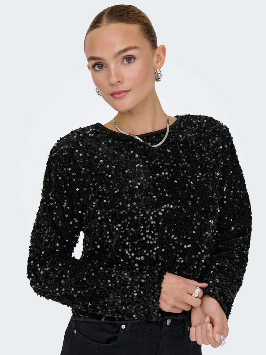 LANIKA SEQUINS LS BOW TOP - Black Sequins