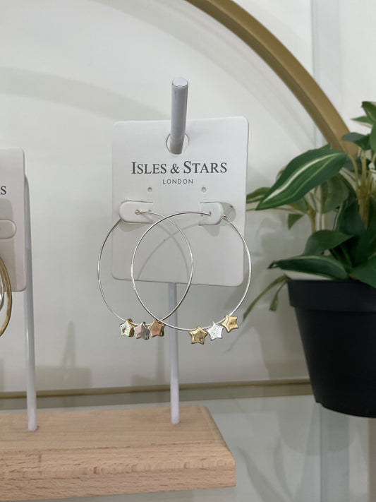 Hoop Earrings with Star Charms - Silver w/ Gold