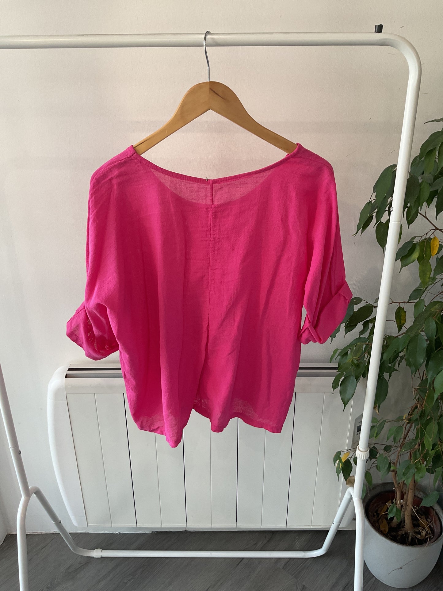Linen Half Sleeve Top - Magenta Pink