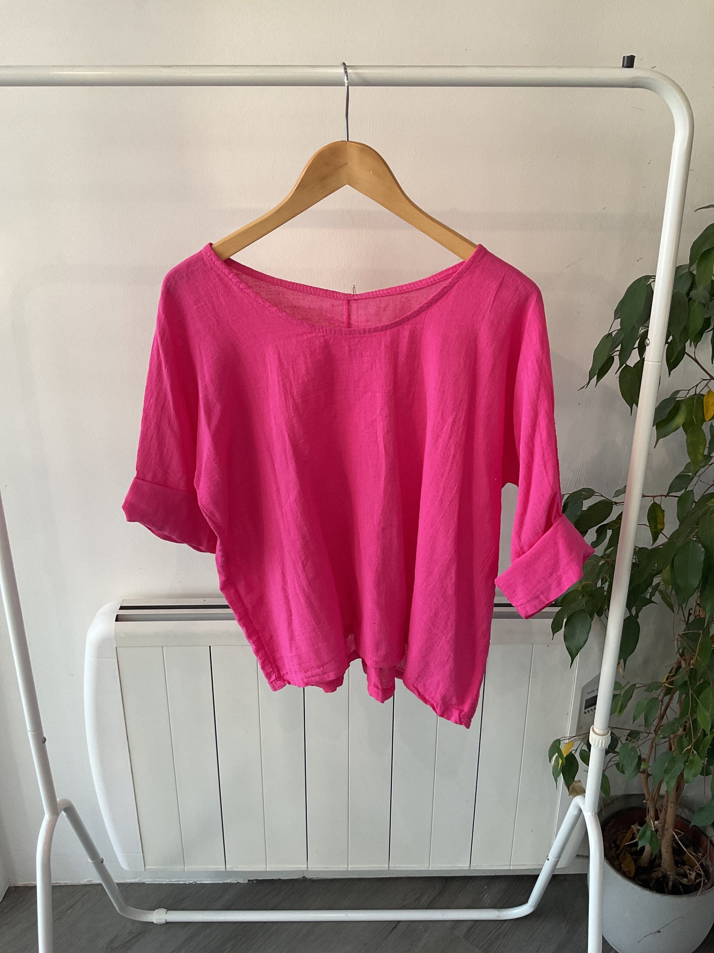 Linen Half Sleeve Top - Magenta Pink