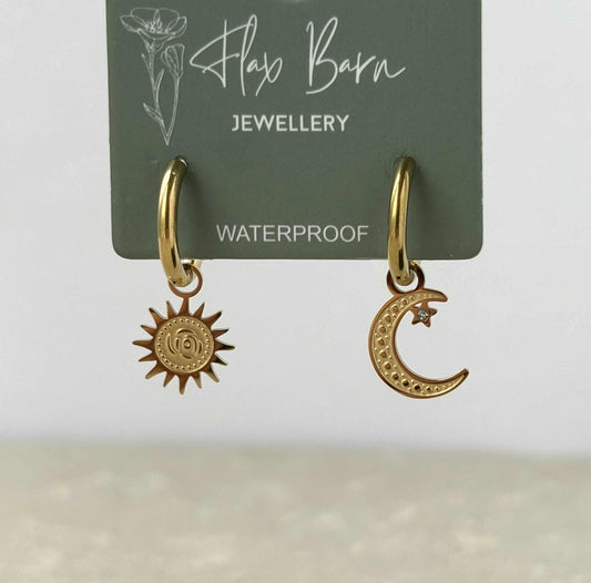 Tarnish Resistant Sun and Moon Huggie Earrings: Gold