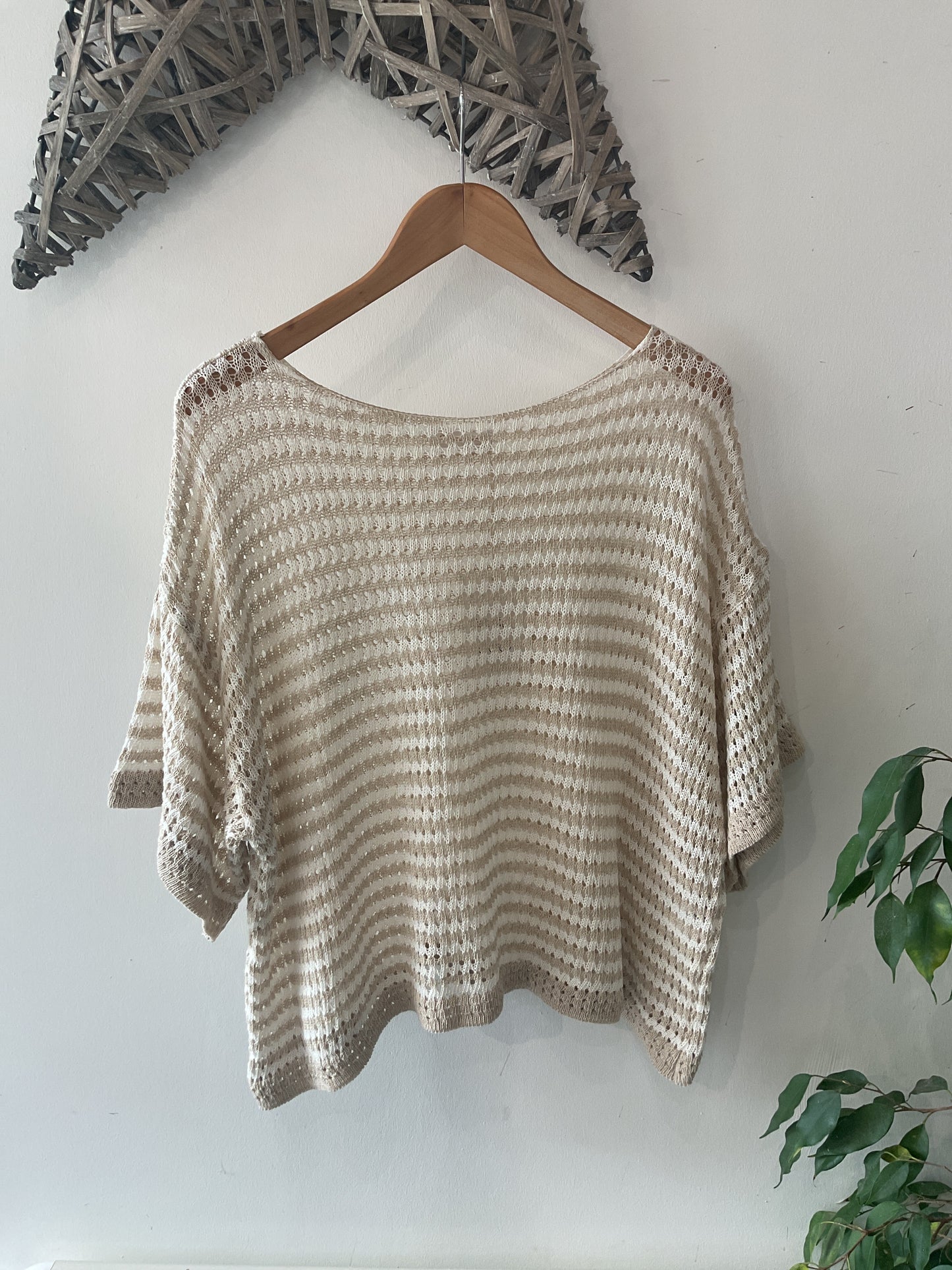 Oversized Crochet Stripe Top - Beige/ White